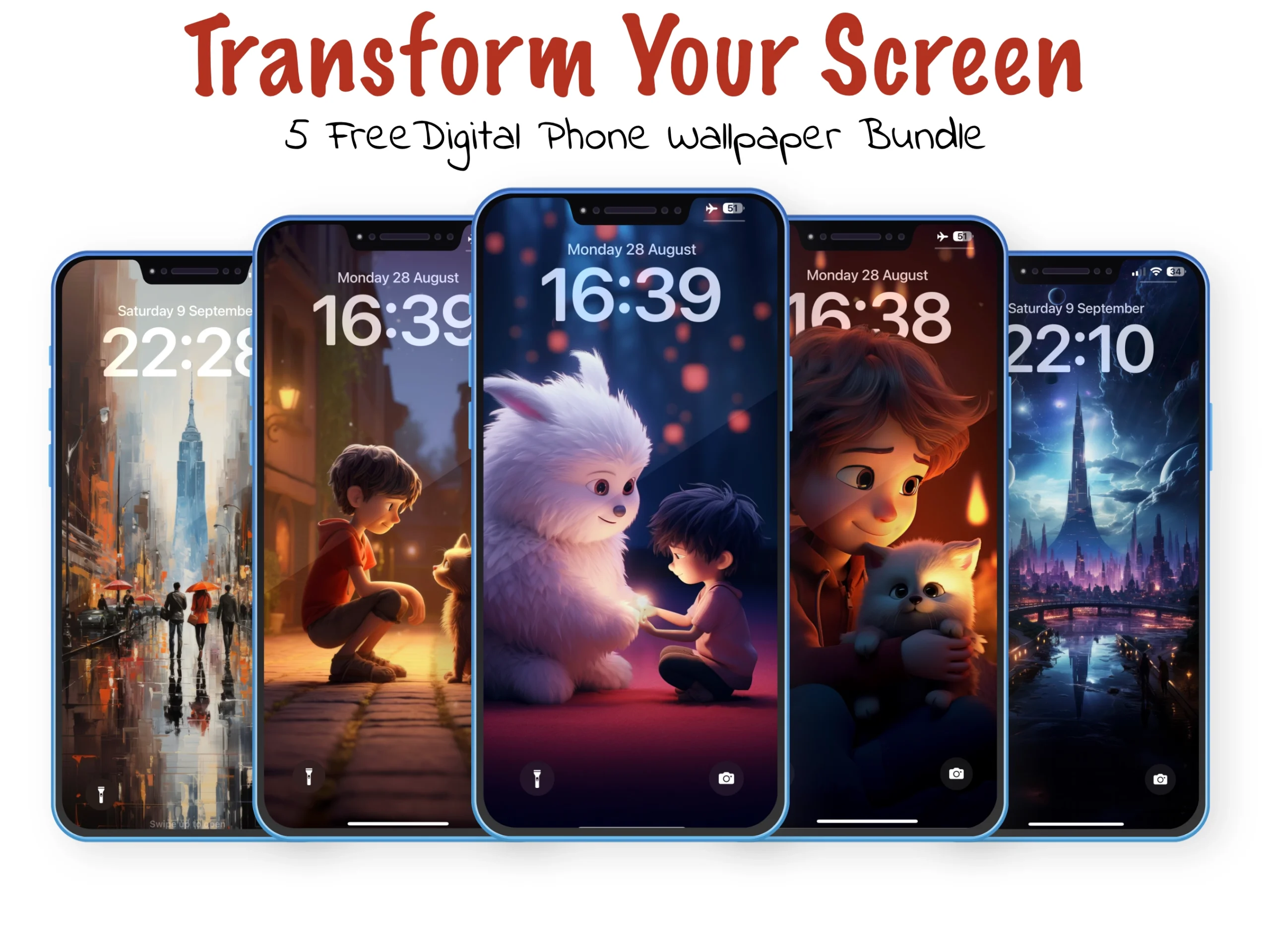 A collection of five smartphone screens displaying a variety of animated wallpapers.