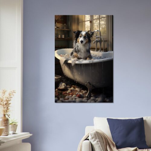 A Paws and Reflect: Dog in a Bath Canvas 02 relaxes in a bath, surrounded by scattered colorful toys, in a warmly lit room. A Paws and Reflect: Dog in a Bath Canvas 02 relaxes in a bath, surrounded by scattered colorful toys, in a warmly lit room.