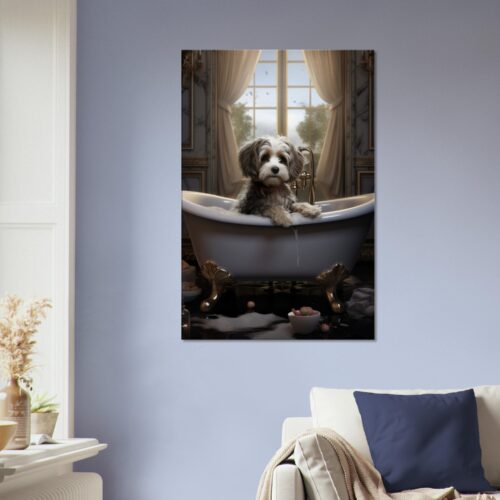 A framed "Paws and Reflect: Dog in a Bath Canvas 03," hanging on a blue wall above a couch, in a stylishly decorated room. A framed "Paws and Reflect: Dog in a Bath Canvas 03," hanging on a blue wall above a couch, in a stylishly decorated room.