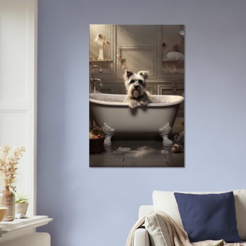 A small, shaggy dog in a Paws and Reflect: Dog in a Bath Canvas 04, surrounded by bubbles, with towels and a basket on the floor next to it. A small, shaggy dog in a Paws and Reflect: Dog in a Bath Canvas 04, surrounded by bubbles, with towels and a basket on the floor next to it.