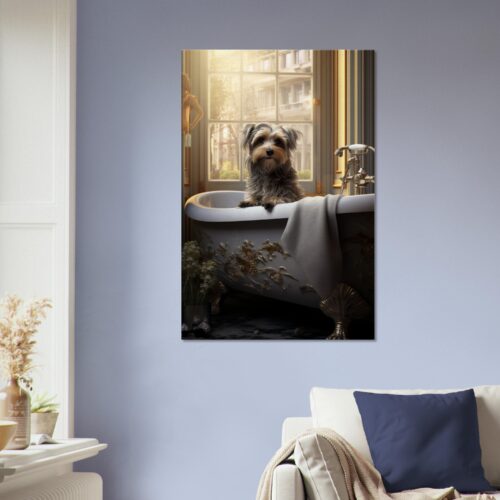 A cute dog in a Paws and Reflect: Dog in a Bath Canvas 05, sitting in an elegant clawfoot bathtub next to a window, inside a cozy, well-decorated room with visible outdoor views. A cute dog in a Paws and Reflect: Dog in a Bath Canvas 05, sitting in an elegant clawfoot bathtub next to a window, inside a cozy, well-decorated room with visible outdoor views.