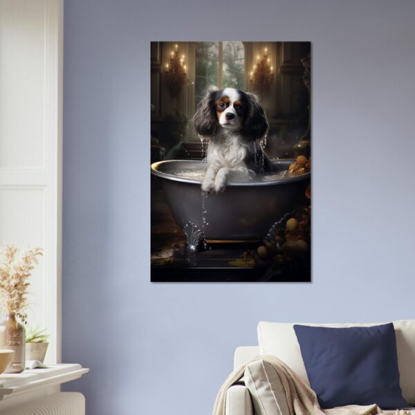A small dog in a bath, sitting in a vintage bathtub surrounded by rubber ducks, depicted in a Paws and Reflect: Dog in a Bath Canvas 06 hanging on a living room wall. A small dog in a bath, sitting in a vintage bathtub surrounded by rubber ducks, depicted in a Paws and Reflect: Dog in a Bath Canvas 06 hanging on a living room wall.