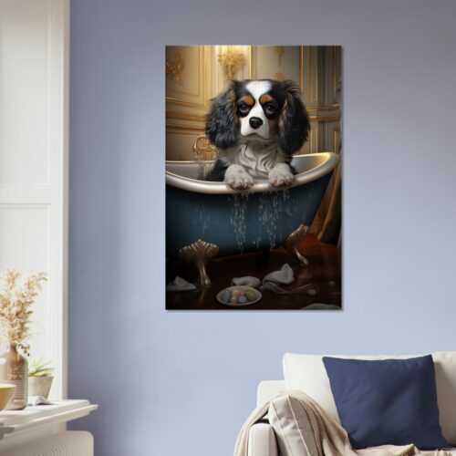A whimsical illustration of a Paws and Reflect: Dog in a Bath Canvas 06, specifically a cavalier king charles spaniel sitting in an antique bathtub, hanging on a living room wall as art decor. A whimsical illustration of a Paws and Reflect: Dog in a Bath Canvas 06, specifically a cavalier king charles spaniel sitting in an antique bathtub, hanging on a living room wall as art decor.