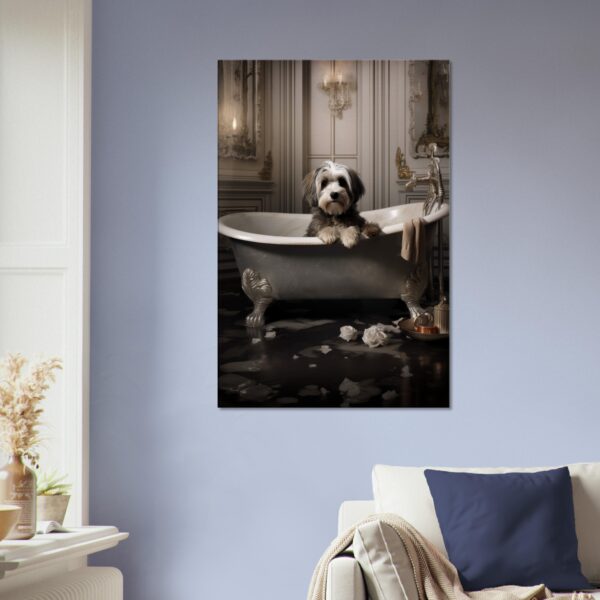 A Paws and Reflect: Dog in a Bath Canvas 01 sitting in a bathtub surrounded by petals, with an elegant, vintage bathroom setting.