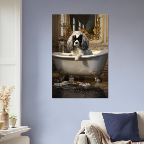 A Paws and Reflect: Dog in a Bath Canvas 08 depicting a dog with floppy ears sitting in an ornate bathroom. A Paws and Reflect: Dog in a Bath Canvas 08 depicting a dog with floppy ears sitting in an ornate bathroom.