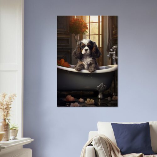 A cute dog in a Paws and Reflect: Dog in a Bath Canvas 09, sitting in an elegant clawfoot bathtub next to a window, inside a cozy, well-decorated room with visible outdoor views. A small dog in a bath, sitting in a vintage bathtub surrounded by rubber ducks, depicted in a Paws and Reflect: Dog in a Bath Canvas 09 hanging on a living room wall.