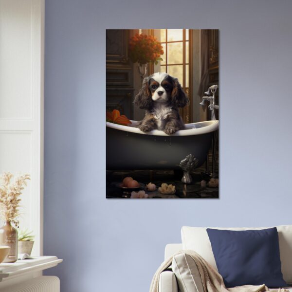 A cute dog in a Paws and Reflect: Dog in a Bath Canvas 09, sitting in an elegant clawfoot bathtub next to a window, inside a cozy, well-decorated room with visible outdoor views. A small dog in a bath, sitting in a vintage bathtub surrounded by rubber ducks, depicted in a Paws and Reflect: Dog in a Bath Canvas 09 hanging on a living room wall.