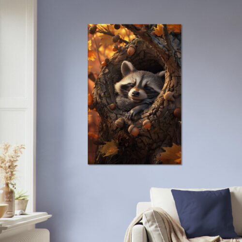 A photograph of a **Sleeping Raccoon Canvas Print** featuring a raccoon resting in a tree trunk hole, surrounded by autumn leaves and acorns. It hangs on a light blue wall above a white sofa with blue and beige cushions.
