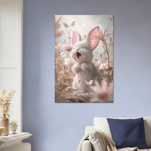 A Yawning Baby Rabbit Canvas Print is hanging on a light blue wall above a beige chair with a blue cushion and a striped blanket.
