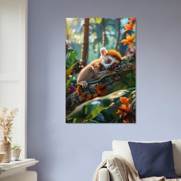 A Sleeping Lemur Canvas Print is displayed on a light blue wall in a room with potted plants and a beige couch with blue and beige cushions.