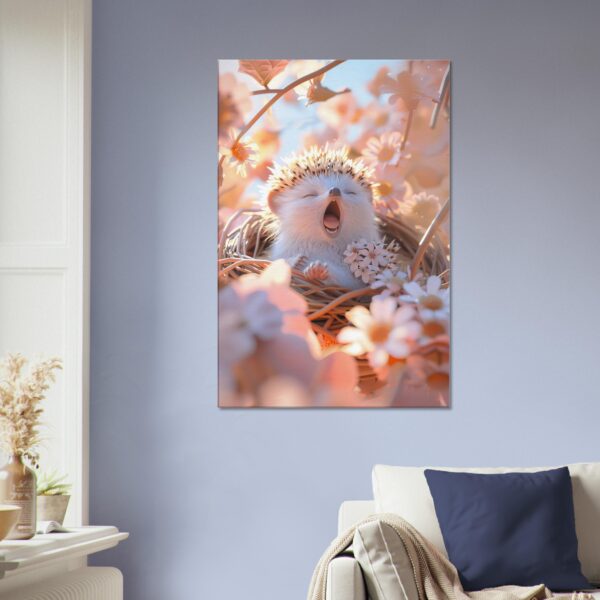 A Sleepy Hedgehog Canvas Print hangs on a light blue wall above a couch with a blue pillow and beige throw blanket in a cozy, well-lit room.