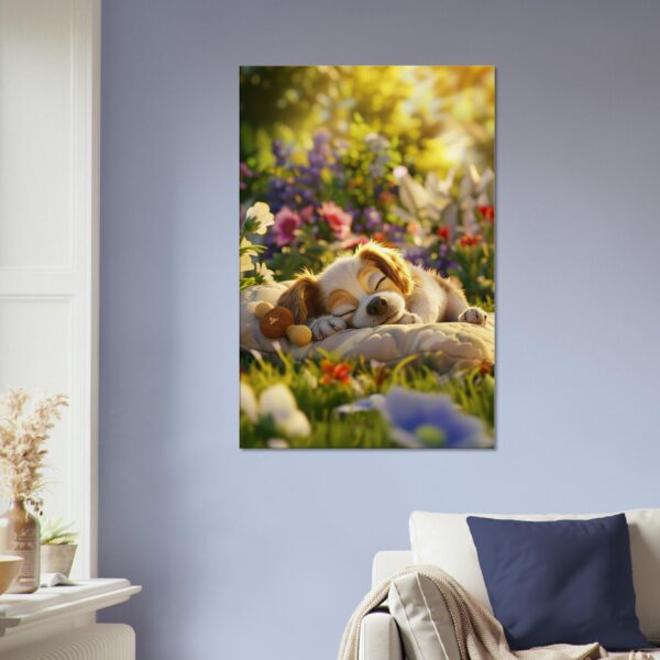 A framed picture of a sleeping dog in a colorful garden hangs on a pale blue wall above a white couch with navy and white cushions.