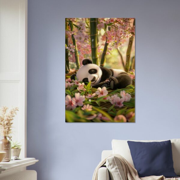 A **Sleeping Panda Canvas Print** hangs on a light blue wall above a white couch with blue and white cushions.