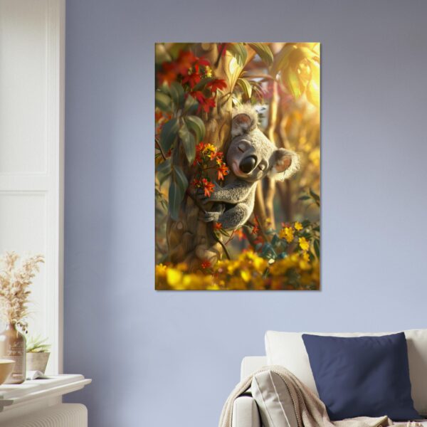 Wall art featuring a koala clinging to a tree with vibrant flowers, displayed on a light blue wall above a white loveseat with a navy pillow and a beige blanket.