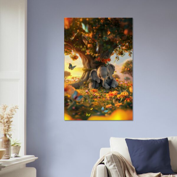 A living room features a Sleeping Elephant Canvas Print, depicting the serene creature resting under a tree with vibrant flowers and butterflies. A sofa with white and blue cushions is placed below the artwork.
