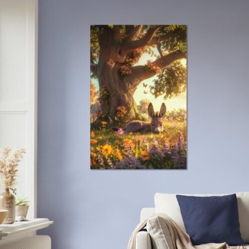 A Sleeping Donkey Canvas Print is hanging on a light blue wall above a white couch with blue and beige cushions.