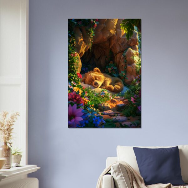 A **Sleeping Bear Canvas Print** hangs on a light gray wall above a white sofa with blue and white pillows. A plant and vase are on a white side table next to the sofa.
