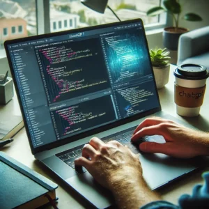 A person is typing code on a laptop, with multiple code editors open and ChatGPT assisting in the code writing. A coffee cup and notebook are on the desk, while sunlight streams through the windows in the background.
